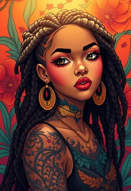 illustrated pretty (biracial) ((dreadlocks)) girl with tattoo vibes , featured in an illustration that is intricate, Detailed, and elegant, the artwork captures her in a vibrant and highly stylized environment, with smooth and sharp focus, showcasing the cutting-edge fashion trends, the lighting is dramatic, emphasizing the dynamic elements and creating a sense of wonder, illustrated by artists known for their bold and innovative styles, such as artgerm, Greg Rutkowski, and alphonse mucha.