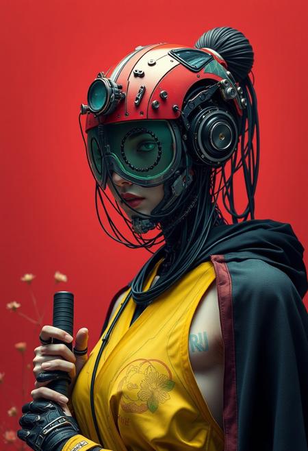Create an extrahart, brave perspective, mystical, and high-resolution image of an female humanoid robot Samurai wearing a headgear with intricate mechanical translucent jade screen covering the eyes, Made from Sci-fi components, with outworn translucent black linen cape. The character should be depicted in a manga cover style with wealthy portraiture and poster art elements. The image should feature rich colors and high contrast, focusing on the best quality, official art, and a beautiful and aesthetic appearance. wired-cyborg, upper body shot, a man with hairbun, half the face is made of wires and cables and translucent hoses. Use a movie perspective and an advertising style, similar to a magazine cover. The cyborg samurai should be shown solo, wearing flamboyant clothes and armor, holding a sheathed katana, and standing in a cowboy shot pose. The robot should have neon green and yellow hip-hop clothes, tattoos, muscular abs, shoulder armor, and dry flowers in the background. Emphasize a samurai theme with a red background and floral elements.