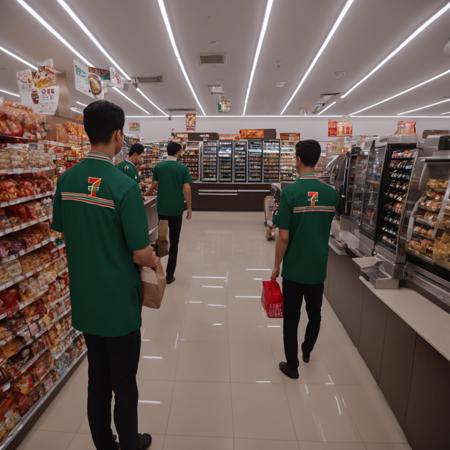 7eleven, scenery, indoors, box, tiles, shop, tile floor, 7elevenU, employee uniform, uniform, green shirt,