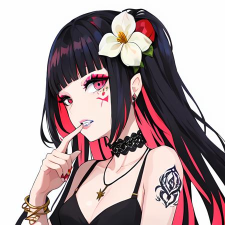 masterpiece, high quality,
1girl, solo, red background, flower, multicolored eyes, jewelry, long hair, bangs, looking at viewer, bracelet, multicolored hair, simple background, blunt bangs, black hair, upper body, hair ornament, necklace, hair flower, collarbone, teeth, hand up, blue hair, white flower, tattoo, facial mark, choker, makeup, finger in own mouth, branch, breasts, parted lips, two-tone hair
 <lora:LAM(4):0.6>