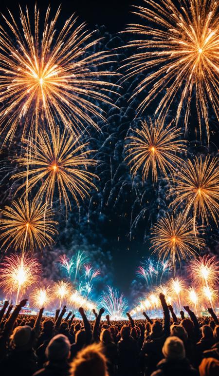 New Year concept - cheering crowd and golden sparkling fireworks, motion blur, long exposure, cinematic look, film, breathtaking photograph, award-winning, professional, dlsr, dramatic light, highly detailed . 35mm photograph, 4k, vivid colors, warm atmosphere, focus stacking, shot on hasselblad, reflections, <lora:add-detail-xl:1>, <lora:SDXLHighDetail:0.5>