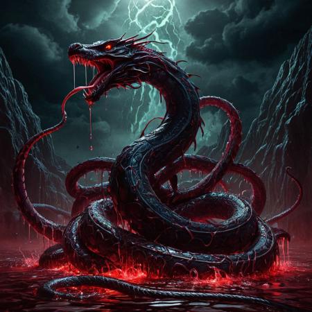 A colossal serpent emerging from a crimson pool of blood, rendered in grimdark style with dark, muted tones and high contrast lighting. The massive creature has elongated razor-sharp fangs dripping with blood, scales that shimmer with dark iridescence, and glowing malevolent eyes. Surreal atmospheric elements with twisted shadows, ethereal mist rising from the blood pool, and an ominous sky. The composition should emphasize the serpent's intimidating scale and presence, with dramatic lighting that casts deep shadows and highlights the creature's menacing features in a nightmarish, fantasy horror aesthetic.