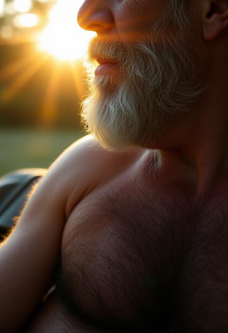 Romantic movie scene, cinematic atmosphere, arthouse film, Dynamic Closeup from the side, Old hairy tanned grandpa, hairy chest, warum Volumetric sunrays on chesthair, gentle expression, looking at viewer, doublechin, pov side, dawn, dusk, moaning softly in pleasure