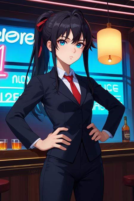 yno, small breasts, black hair, blue eyes, long hair, hair ribbon, red ribbon black jacket, brown cardigan, white collared shirt, red neck ribbon, plaid skirt, pleated skirt, black thighhighs white collared shirt, red neck ribbon, plaid skirt, pleated skirt, black thighhighs