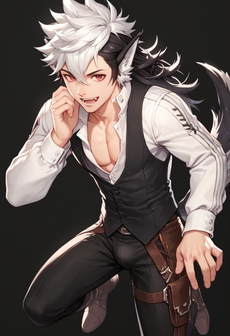 keaton wolf ears wolf tail red eyes black and white hair long hair black pants white shirt black vest black gloves brown boots