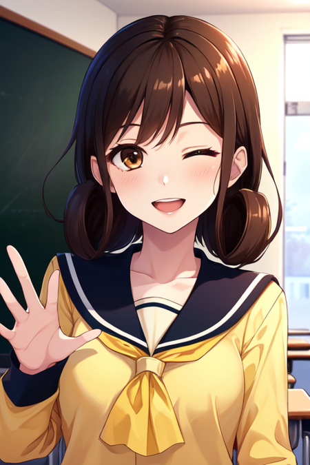 (masterpiece), (best quality:1.4, high quality:1.4), highres, classroom, 1girl, solo, standing, upper body, looking at viewer, waving, one eye closed, tilt head, brown hair, brown eyes, school uniform, yellow shirt, long sleeves, SeikoCP