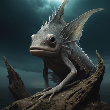 Hyperrealistic art  brian froud, detailed expressive eyes, fantasy style, here we see a gigantic towering brittle etherfish, this wondrous lampremblative creature, covered in dark ronf and ufti stands atop a dimarified pile of danglefuzz, silhouetted against a eccentoblimeyd aurora-filled sky of planet grobshnuggler, hinting at its otherworldly nature <lora:add-detail-xl:1>  <lora:Ty_Simpkins-000001:0.6> . Extremely high-resolution details, photographic, realism pushed to extreme, fine texture, incredibly lifelike