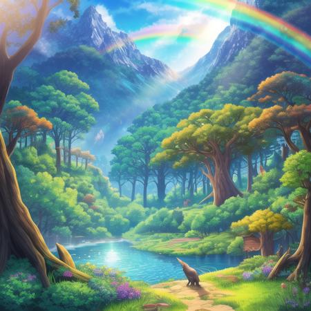 rainbow forest,fairy beauty, wolf, holes, waterfull, standing, sunlight, mountain,  <lora:forest:1>