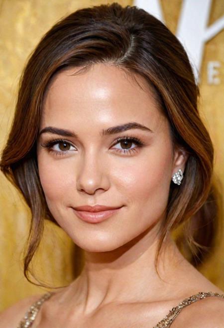Create an ultra-realistic image of a beautiful, fictional actress. She should have a natural and elegant appearance, with distinct facial features that convey a sense of grace and poise. Her expression should be captivating, perhaps with a subtle smile or a thoughtful gaze, hinting at depth and character. The focus should be on achieving high levels of detail in her features, such as the texture of her skin, the shine in her hair, and the clarity in her eyes. The lighting should be soft and flattering, enhancing her natural beauty. The background should be simple yet classy, ensuring that the actress remains the central focus of the image. This portrait should evoke a sense of Hollywood glamour mixed with a relatable, down-to-earth charm