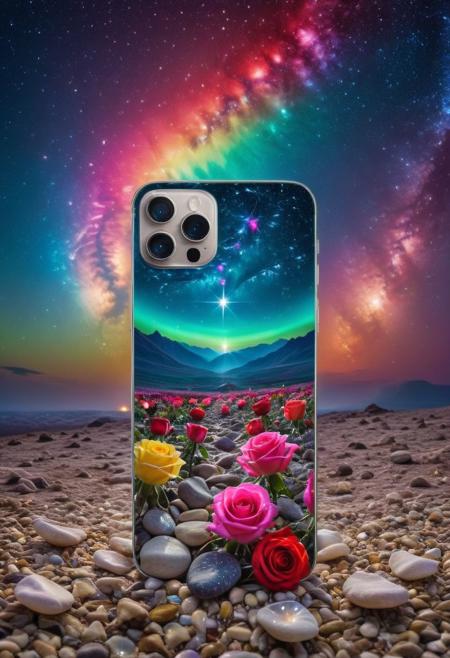 a starlit sky, a magical smartphone captures the essence of a vibrant rainbow, colorful roses, and sparkling crystal pebbles. This celestial device, bathed in the light of stars, shooting stars, a silver crescent moon, and the Milky Way, creates a dreamlike ambiance. It weaves a rich tapestry of colors, transitioning from vivid reds to deep purples, and spanning hues of pink, yellow, blue, and green, panorama invites the heart to explore the depths of love and the wonders of imagination, capturing the essence of joy and the boundless creativity of the universe in a single, enchanting view.