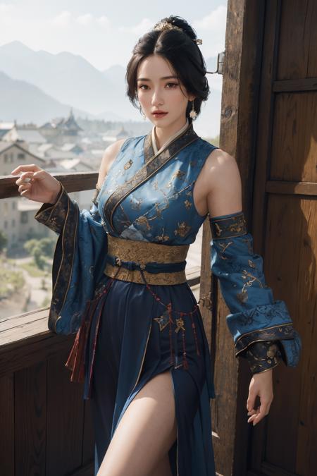 best quality,masterpiece,8k wallpaper,absurdres, highres, ultra detailed, (1 young beautiful girl, solo:1.1),realistic,hair ornament, black hair,cowboy shot, hair stick, chinese clothes, dress, looking at viewer, standing, brown eyes, sash, jewelry,realistic, blue dress,A fairytale land where magical creatures live and thrive,<lora:WLFD_LadyZhen_NOFACE:0.8>
BREAK