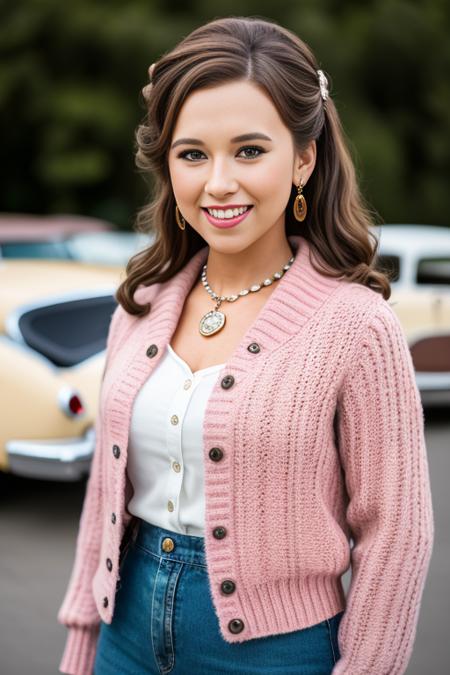 14c3ych4b3rt, brown hair, brown eyes, sfw, heart locket around neck, smile, outside 1950's drive in restaurant, standing in the parking lot, 1950's style cars in the background, pink cardigan, (white collared shirt:0.9), detailed pupils, poodle skirt, <lora:Lacey_Chabert_PMv2_Lora:1>,, ((Glamour Portrait)), high quality photography, 3 point lighting, flash with softbox, 4k, Canon EOS R3, hdr, smooth, sharp focus, high resolution, award winning photo, 80mm, f2.8, bokeh