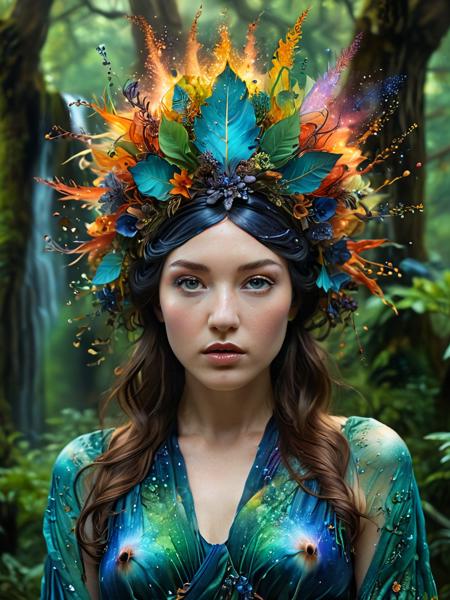 (in Marco Mazzoni style:1.4), (masterpiece:1.2), (A uniquely extremely beautiful female Draped in an ensemble reminiscent of a mythical forest nymph and the cosmic brilliance of a supernova explosion, wearing unique Avant-garde masterpiece attire and headdress:1.1), (upper body portrait:1.1), (The style combines ethereal leaf-like textures with explosive bursts of celestial colors evoking a sense of mystical wonder, Bathed in radiant starlight and swirling nebulae the subject stands amidst an enchanted grove filled with luminescent flora and cascading waterfalls:1.1), (hyperdetailed, intricate details:1.0), micro details, (detailed radiant face:1.1), (best quality:1.1), 3d render, CGI, octane render, 35mm, bokeh, 9:16, hdr, (intricate details, hyperdetailed:1.15), (hyperrealism:1.1)