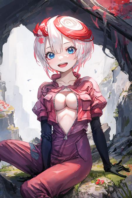 tepaste, short hair, white hair, multicolored hair, red hair, bangs, blue eyes, cropped jacket, pink jacket, red jumpsuit, cleavage, :d, sitting, cave, underground <lora:tepaste-000005:1>