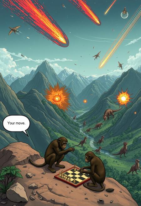 Mountain and valley landscape. In the foreground: Two monkeys sitting at the top of a hill are busy playing chess on the ground. The smaller monkey is contemplating its next move. while the larger monkey with smudge looking the chessboard. Speech Bubble for larger monkey reads: "your move". While In the background down in the valley: there is a meteor shower of all size hitting the mountain valley. Terrified dinosaurs of various sizes and species are fleeing in all directions. There is explosion small and large in the valley.
