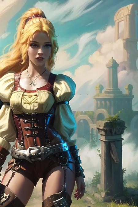 zrpgstyle, (KimberlyNobodySD15:0.8) medieval RPG character painting blonde hair upsweep updo swashbuckler rogue corset button shirt (leather pants:1.1) (straps buckles:1.2) armor indoors overgrown (ancient ruins:1.2) bright morning light from the side (atmospheric volumetric fog:1.1)
(masterpiece:1.4) (illustration:1.2) (best quality:1.4) (8k) (HDR) (wallpaper) (cinematic lighting) (sharp focus) (intricate)