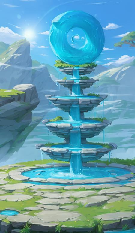 dipan,no humans, scenery, outdoors, sky, cloud, day, mountain, tree, water, blue sky, grass, waterfallï¼Stone disk in front.ï¼Totemï¼center composition<lora:game dipan_20231028105647:0.78>, (illustration:1.0), masterpiece, best quality,