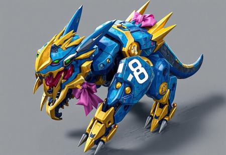 Mecha Phantom Beast werewolf robot, blue and gold, pink bow, bird emblem, number "8" detail, camera head, dynamic action pose, Super Quantal Mech Ship Magnacarrier surface. Isometric, octane render, unreal engine 5, splash ink illustration, Raphael style, Houdini style, trending on Artstation, CGSociety, golden ratio, vivid emotions, joyful impact, 4k, high-res, lifelike details, matte painting.