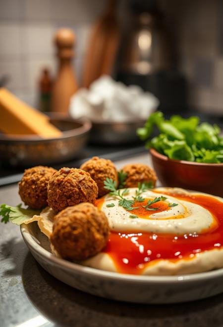 photo of falafel and hummus placed on kitchen, heavy focus on the dish, cinematic shot, high quality shot, original, flux-style