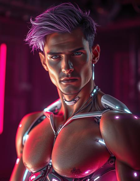 Cinematic portrait of a handsome and muscular cyborg with tousled violet hair. Glowing neon electronics surround his body. Sultry, muscular physique. Dramatic lighting.