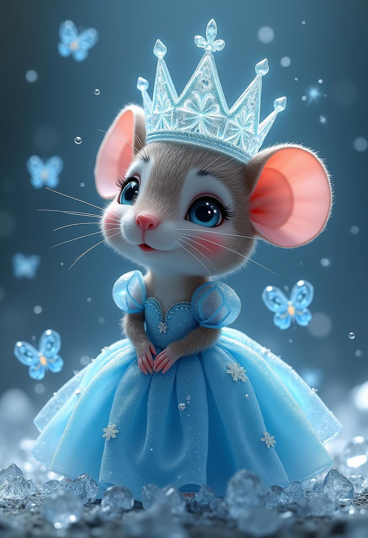 A mouse wearing a princess dress and a crown of ice, the ice is so cold that it is surrounded by ice mist, the ice crystals on the crown reflect the light, moody light, the crown is surrounded by butterflies made of stardust that sit on the crown, the background is made of ice, cuteness overload, magical atmisphere