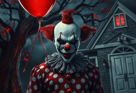 grimdark,dark fantasy,"Petren the Dark Clown stands center-frame, his white mask with crimson lips and nose glowing under dramatic stage lighting. The red-and-white polka dot shirt ripples slightly as he raises a crimson balloon, its string tangled with his shadow. Behind him, a twisted tree with glowing red leaves looms against a dark fantasy backdrop, while the house features a weathered gray roof and a pristine white door. Render in Unreal Engine 6 with splash ink textures, hyperrealistic skin tones, and sharp, intentional brush strokes. Capture the golden ratio composition, with Peten’s expressive, detailed eyes conveying both menace and whimsy. Include intricate mask patterns and a balanced foreground-background ratio, ensuring the clown’s figure dominates the scene while the balloon and tree add surreal depth."