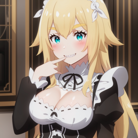 <lora:Frederica:1>,
anime screencap,
1girl, roswaal mansion maid uniform, sharp teeth, blonde hair, long hair, maid, green eyes, solo, teeth, cleavage, bangs, maid headdress, blush, dress, ribbon, long sleeves, black ribbon,large breasts, upper body, black dress, frills,hand over own mouth, smile,