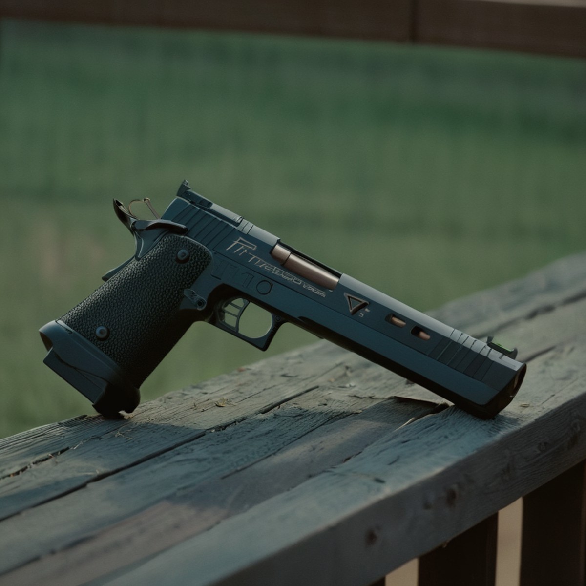 cinematic film still of  <lora:STI 1911:1>
STI 1911 pistol hand gun weapon, a gun is sitting on a wooden fence,weapon,outd...