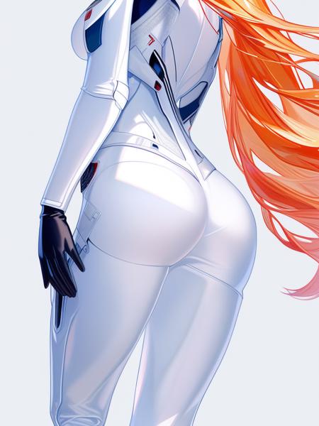 <lora:dan:1>,masterpiece, solo, close up, [sho lwlw], 1girl, souryuu asuka langley, grey background, from behind, cowboy shot, looking at viewer, looking back, standing, closed mouth, blue eyes, eyepatch, long hair, orange hair, bangs, medium breasts, ass, white bodysuit, plugsuit, interface headset, skin tight