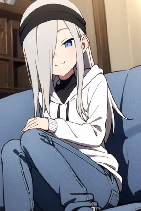 masterpiece, best quality, <lora:kunoichi_hototogisu:0.7> 1girl, solo, blue eyes, grey hair, long hair, hair over one eye, smile, black headband, hoodie, jeans, sitting, couch,