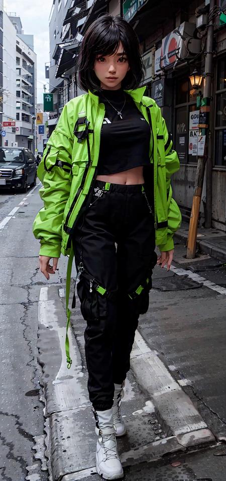 urbansamurai, best quality, fullbody, a woman, wearing a green techwear jacket and black pants, a crystal necklace, bob cut, long legs, on the street <lora:urbansamuraiv0.14-000002:0.8>