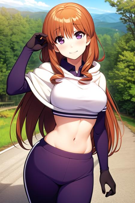 masterpiece, best quality, (extremely detailed CG:1.2),(8k:1.1),1girl,(machiko ryou:1.3),smile, sports bra, track pants, breasts, cape, gloves, medium breasts, midriff, navel, purple eyes, solo, sweatband, photorealistic, dynamic rocky mountains, <lora:machiko ryou:1>, thin delicate hair strands, hand on hip,