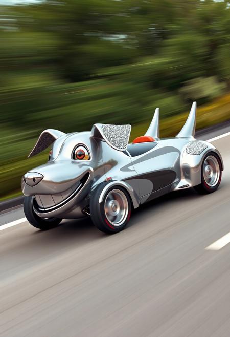 "A sleek, dog-shaped car, its body a shiny, metallic silver with bold, racing stripes, sped down the highway, leaving a trail of excited, swirling motion in its wake. The dog's face, a stylized, canine visage with a pair of shining, chrome eyes, seemed to grin with joy, as if loving every minute of the ride. A pair of floppy, ear-like fins, adorned with intricate, textured patterns, protruded from the dog's sides, adding a touch of whimsy and playfulness to the overall design. The car's wheels, a set of gleaming, silver rims with bold, red accents, seemed to spin with a blur of motion, as if propelling the dog car to incredible speeds. The overall effect was one of thrilling, high-speed excitement, as if the dog car was a symbol of fun, freedom, and adventure."