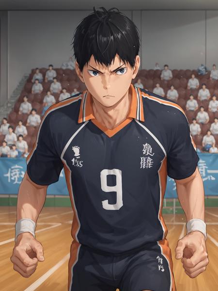 tobio kageyama, 1boy, male focus, solo, black hair, black eyes, blue eyes, volleyball uniform,  sportswear