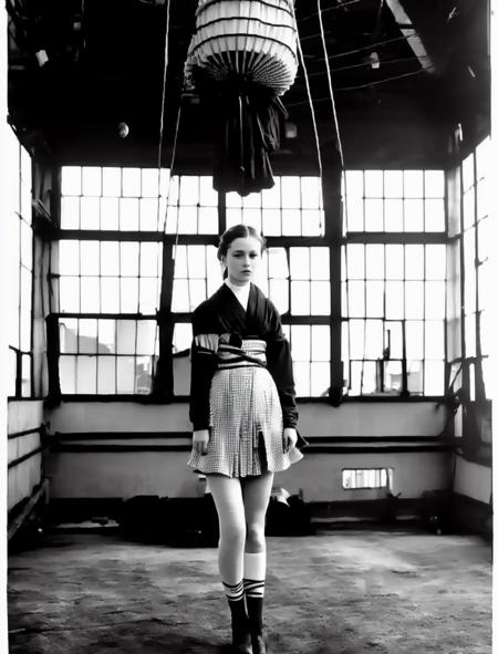 black and white photo of a pale beautiful 20yo petite haute_couture ([supermodel:goth:50]1.2) girl wearing thigh_high socks in a warehouse, (shibari:1.2), hbech