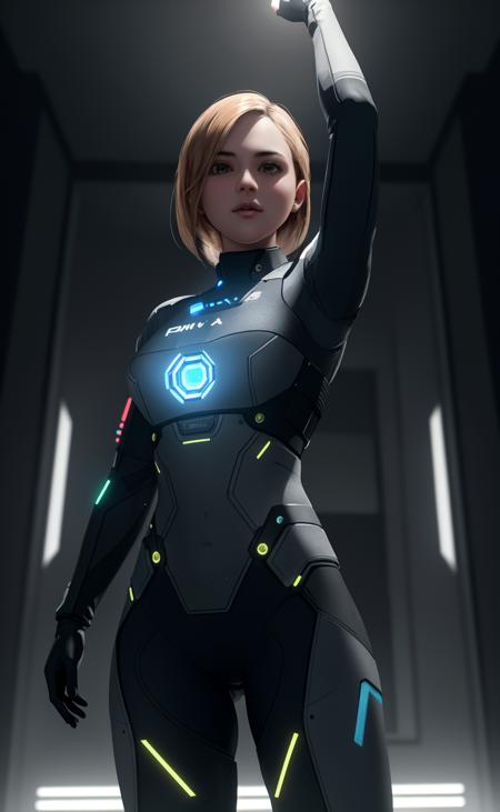 "Detroit: Become Human" (2018) , (arm up:1.2), ( (symmetry:0.2) (a woman hybrid AX400)), leds! , intricate, elegant, highly detailed, artstation, concept art, smooth, sharp focus, illustration,3d, render, lunar base, future ,