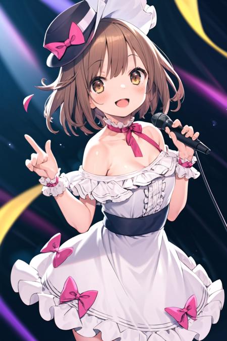 <lora:bukurote:1>, 1girl, solo, smile, hat, dress, blush, frills, idol, microphone, bow, pointing, short hair, open mouth, looking at viewer, brown hair, brown eyes, alternate costume, frilled dress, mini hat, bare shoulders