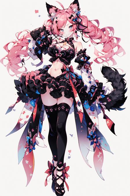 <lora:2D_Blade&Soul:1>, 1girl, solo, animal ears, tail, breasts, cat ears, long hair, thighhighs, star hair ornament, pink footwear, navel, cat tail, pink hair, single thighhigh, gloves, skirt, ahoge, simple background, full body, white background, cleavage, twintails, hair ornament, very long hair, smile, cat girl, socks, midriff, virtual youtuber, bow, white gloves, puffy sleeves, star (symbol), asymmetrical legwear, standing, looking at viewer, shoes, single sock, puffy short sleeves, bangs, short sleeves, crop top, bare shoulders, animal ear fluff, kneehighs, hair bow, large breasts, black thighhighs, detached sleeves, collarbone, uneven legwear, closed mouth, animal ear legwear, single kneehigh, blush, cat ear legwear, bridal garter, pink bow