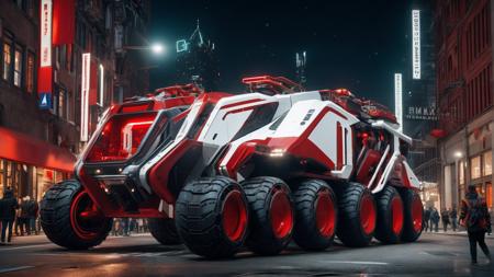 red and white science fiction ground industrial construction vehicle in crowded downtown streets, science fiction, cinematic lighting, night time, volumetric light, imax, dslr, highly detailed, volumetric fog, dystopian vibes, dutch angle, cinematic angle