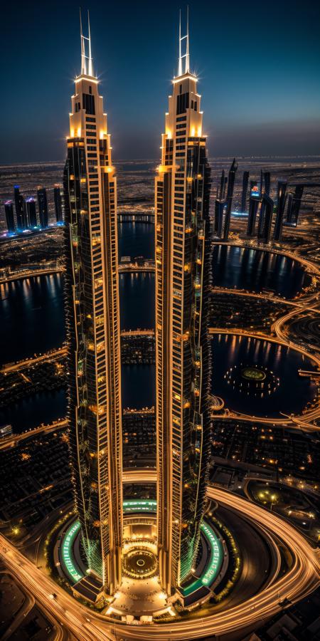 (8K UHD), fancy (Dubai-style) elaborate expensive condo high-rise skyscraper, inspired by (Frank Lloyd Wright and J. R. R. Tolkien), handmade model style, detail close-up, gold and glass, architectural model in architecture office, futuristic style, golden hour, 4k, architectural office bokeh background, depth of field, bird 's-eye view, night shot, advanced futuristic lighting, <lora:add_detail:1>