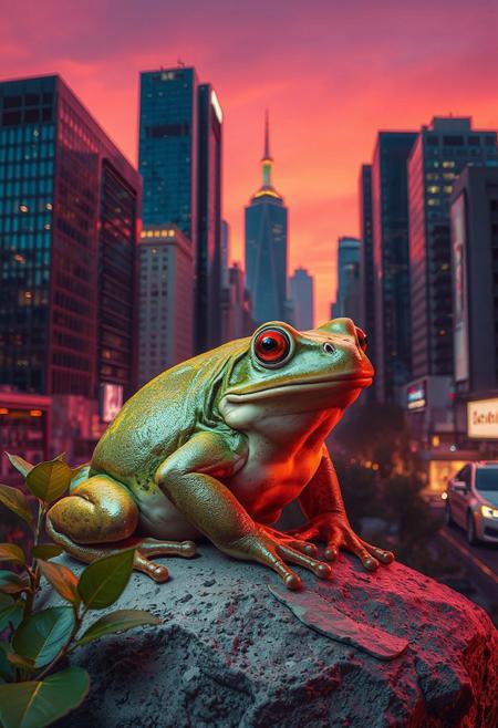yfg-F@ce, YFG-Zaat, A neon-lit cityscape at dusk, a vibrant orange-pink sky blending into deep purples, contrasts with modern skyscrapers in shades of glass and steel. A large frog sits perched on a rock in the foreground, its skin a mottled green-brown that blends seamlessly with the urban foliage, while its bright red eyes gleam like tiny rubies in the fading light. The frog's slender legs are folded beneath it, as if in quiet contemplation of the cityscape unfolding before it. In the distance, towering skyscrapers stretch towards the sky, their reflective surfaces glinting softly with a warm, golden light that casts no shadows, only subtle gradations of tone and texture.