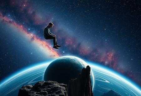 One man sitting on the edge of a cliff in space, legs hanging over the edge, gazing down at his palms, one planet below,  stars and galaxies fill the background with vibrant colors,