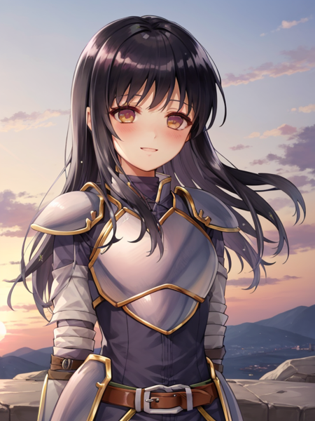 <lora:Astrid_FE-10:1>, astrid fe, 1girl, solo, long hair, gloves, belt, pants, fingerless gloves, armor, shoulder armor, pauldrons, breastplate, white pants, sunset, (upper body:1.2), soft smile, blush, good girl, (arms behind back:1.3)