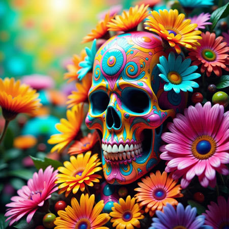 DSLR photo, Staggeringly beautiful Create a stunning, hyperrealistic image featuring a beautifully crafted sugar skull at its center, adorned with intricate patterns and vibrant colors that pop against a lush backdrop. Vibrant Mystical Colors, Visionquest, psychedelic Ayahuasca trip, melting, trick of the eye painting, randomized colors, liquid metal and molten glass. 