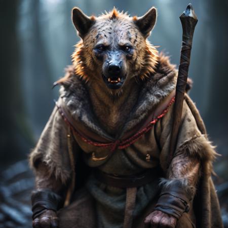 highly detailed documentary photo of gnoll:1.3,

solo, looking at viewer, sitting, scar, teeth, open mouth, robe, holding weapon, fangs, fur cloak, fur trim, blurry, blurry background, realistic:1.3, mountain forest,

masterpiece, best quality:1.1, 

ultra photoreal, photorealistic:1.0, sharp focus:1.1, 
depth of field:1.1, 

50mm, style of Nathan Wirth, Hasselblad X1D II, Porta 160,
