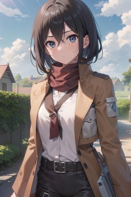 mikasaackerman, <lora:mikasa ackerman-lora-nochekaiser:1>, 
mikasa ackerman, black hair, (black eyes:1.5), hair between eyes, short hair,
BREAK belt, brown jacket, dress shirt, jacket, open clothes, open jacket, pants, paradis military uniform, red scarf, scarf, shirt, strap gap, thigh strap, three-dimensional maneuver gear, white pants, white shirt,
BREAK outdoors, village, nature, forest, grass, sun, sky, trees, clouds,
BREAK looking at viewer, (cowboy shot:1.5),
BREAK <lyco:GoodHands-beta2:1>, (masterpiece:1.2), best quality, high resolution, unity 8k wallpaper, (illustration:0.8), (beautiful detailed eyes:1.6), extremely detailed face, perfect lighting, extremely detailed CG, (perfect hands, perfect anatomy),