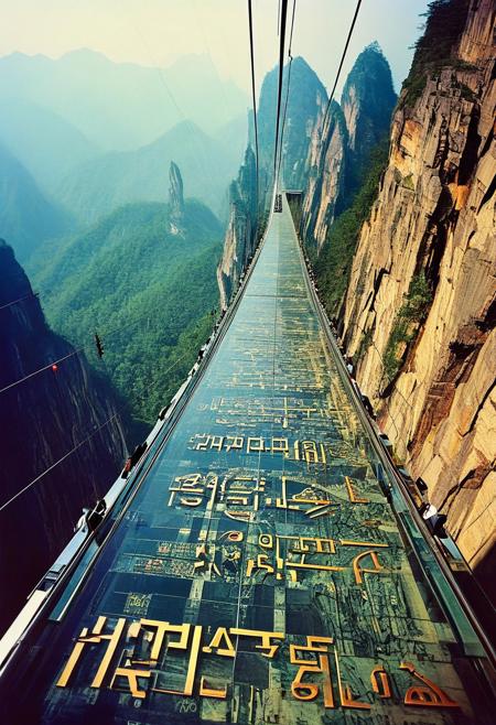 ()Hyoer Realistic:2.0)Polaroid picture of 
A 100-meter-long (110 yards) glass skywalk, stretching around a cliff on Tianmen Mountain in southern China. The pathway is 1,500 meters up a mountain. The skywalk overlooks by its bottomed giant glasses, the world’s famous “Heaven’s Gate” and Tongtian Avenue, the mountain road with 99 turns. The world’s longest cable car system is also served on Tianman mountain to access its terrifying “Coiling Dragon Cliff” skywalk where situated in the highest location of Zhangjiajie National Forest Park, China.
BREAK Hyoer Realistic:2.0)Polaroid picture of A futuristic, neon-lit table, adorned with ancient Egyptian hieroglyphics and symbols. The album cover, designed by Shusei Nagaoka, features a gleaming, metallic pyramid at its center, surrounded by swirling patterns of gold and lapis lazuli. The band's name, Earth, Wind & Fire, is emblazoned in bold, futuristic letters, while the album title, 'Kemetic Odyssey,' is written in hieroglyphics. 
BREAK ()Hyoer Realistic:2.0)Polaroid picture an image of Ultra-realistic New York City under Wakandan rule: ((The towering skyscrapers now adorned with intricate African patterns and gleaming vibranium accents)). advanced technology seamlessly integrates into everyday life.  ((In the distance, sleek Wakandan aircraft patrol the skies as citizens from both worlds coexist in harmony.))