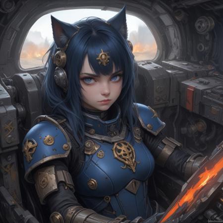 Create a concept art portrait of a goth catgirl in a cyborg suit, inspired by the Adeptus Mechanicus and Ultramarine Space Marines. The subject should be sitting in the cockpit of a mechanical vehicle, ready to strike, with an intense stare. Incorporate elements of the Land of Frozen Flames in the background. The image should be highly detailed, symmetrical, and have a gigapixel resolution. Style should be reminiscent of the works of wlop, James Gurney, and Greg Rutkowski.
