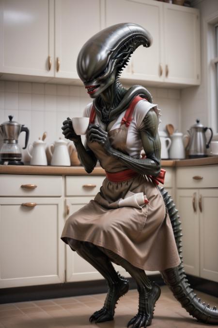 female xenomorph in a kitchen wearing a brown apron, white wool top, <lora:female_xenomorph_sdxl_V2:0.9> red lips, tail, 50s housewife, drinking a coffee, crouching, black skin, bow