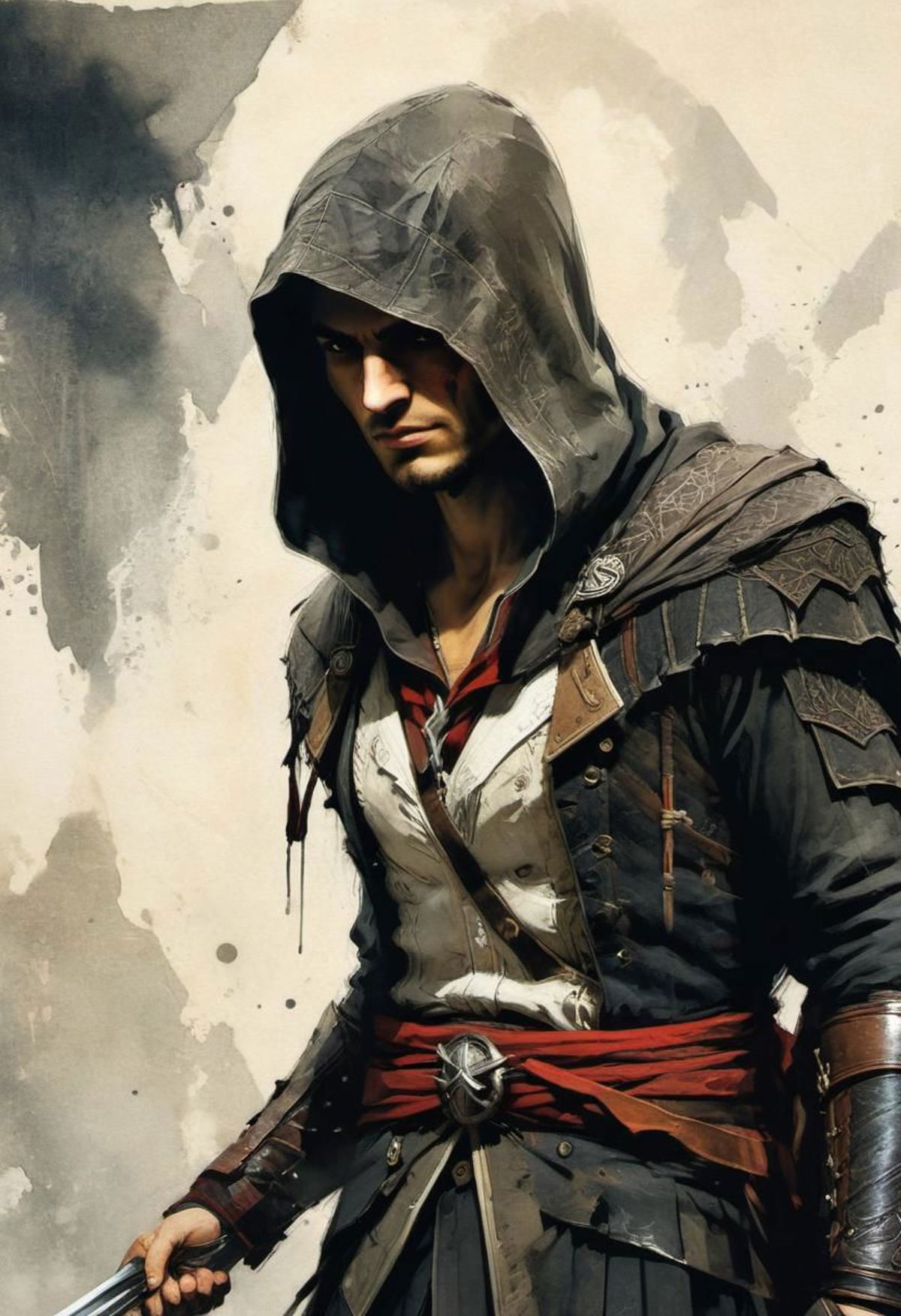 The image features a man dressed in a black and white outfit, resembling a character from Assassin's Creed. He is wearing a hooded cape and a sword, which is visible on his hip. The man appears to be standing in a room with a wall behind him, possibly a painting or a mural. The overall scene gives off a sense of mystery and intrigue, as the man seems to be a skilled warrior or assassin.